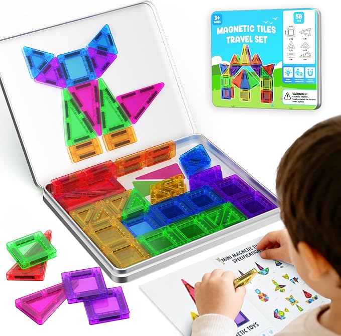 Mini Magnetic Tiles, 58PCS Travel Magnetic Tiles with Iron Box, STEM Educational Construction Toys for Kids Ages 3+, Portable Building Toys Gift for Boys & Girls