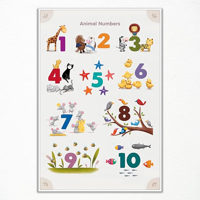 xbsifyiooa Number 1-10 Poster for Toddlers, Learning & Educational Numbers Posters for Toddlers 1-3, Kids Learning Posters, Cute Animal Numbers Chart Preschool Wall Posters For Kids 12x16in Unframed
