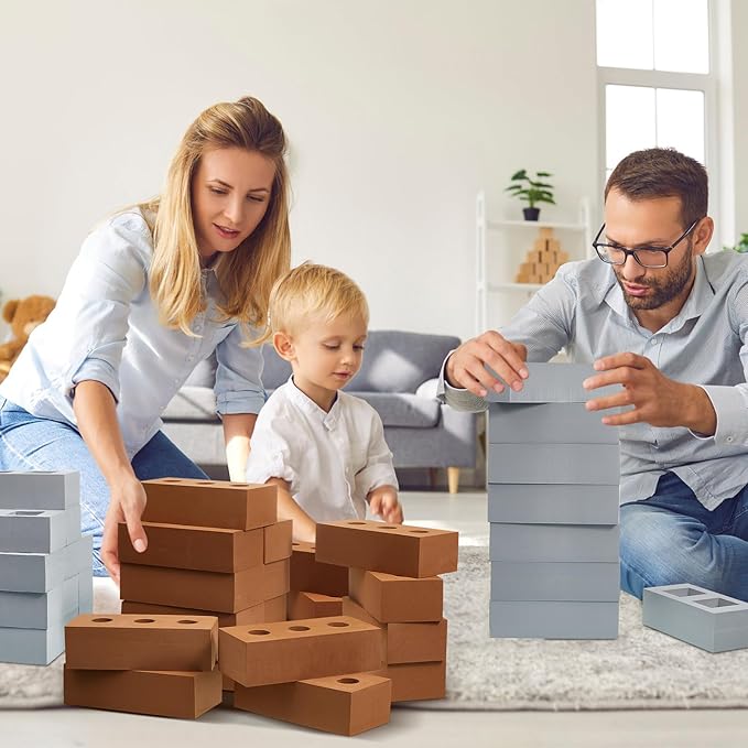 Zhanmai 50 Pack Foam Bricks Building Blocks for Kids Foam Cinder Blocks Large Fake Bricks Toy for Stacking and Construction 8 x 4 x 2.4 Inches(Square Round)