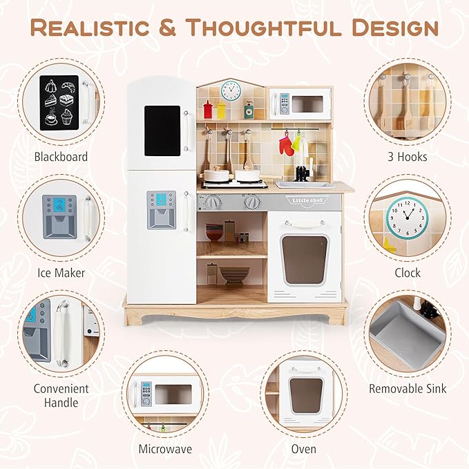 Costzon Kids Kitchen Playset, Wooden Toddlers Toy Kitchen with Light & Sound, Microwave, Ice Maker, Oven, Sink & Faucet, Cooking Accessories, Pretend Play Kitchen, Gift for Boys Girls Age 3+