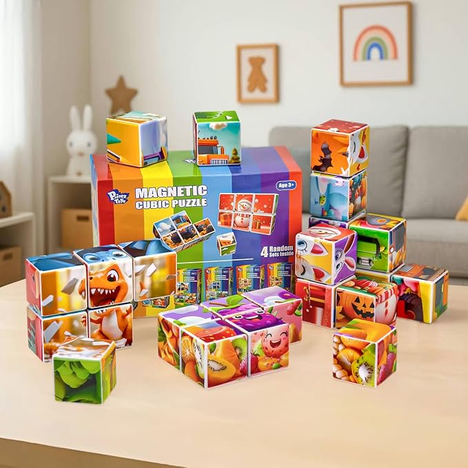 Magnetic Cubes for for Kids, 4 Packs Total 24 PCS & 24 Patterns, Pack of 4 Random Themed Puzzles Bundle, Preschool Educational Brain Teaser Toys for Toddlers