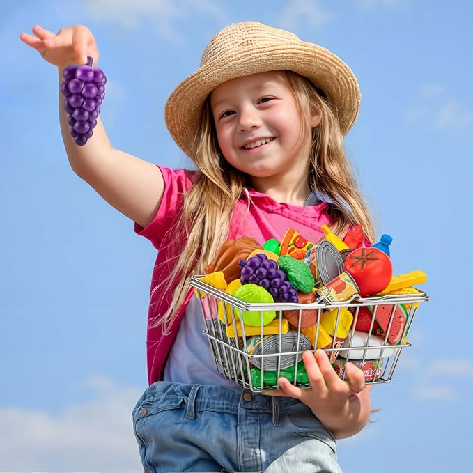 55 Pcs Grocery Store Pretend Play Food Set with Shopping Basket for Kids Toddlers 1-3 4-8, Kids Play Kitchen Accessories Plastic Fake Food Fruits and Vegetables Can Toy Gifts for Boys Girls