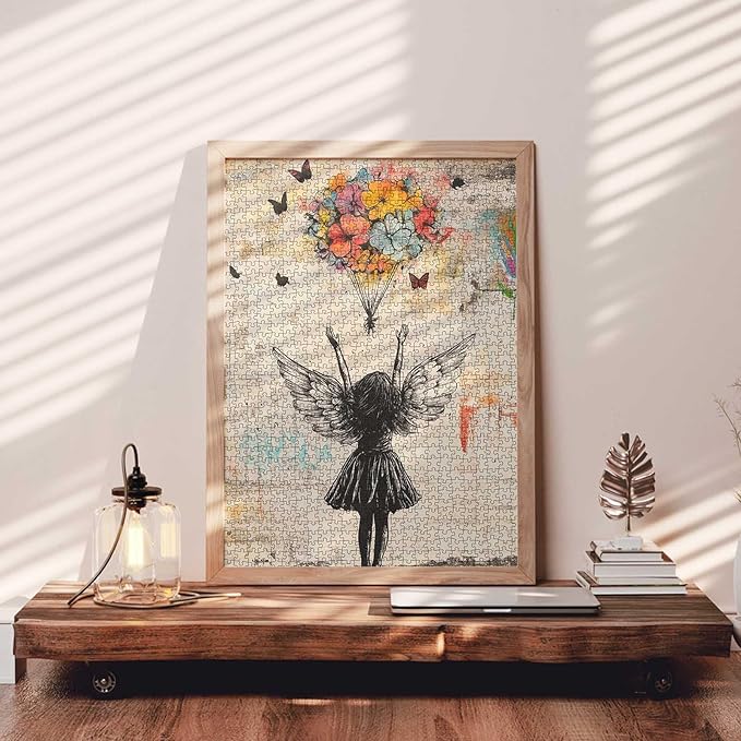 Tucocoo Banksy Angel Girl Jigsaw Puzzle 1000 Pieces Retro Street Art Puzzles for Adults, Floral Art Jigsaw Puzzles 1000 Piece for Challenging Family Games DIY Crafts Puzzle for Home Decor Gifts