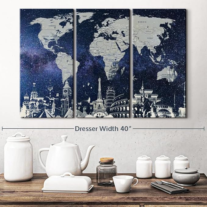 ElephantStock Starry World Map Multi Piece Canvas - 3 Panel Wall Decor - Map of the World Art - Canvas for the Office and Home - 33" X 20"