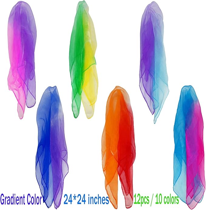 Dance Scarves for Kids: Juggling Scarves, 12 Pcs, 24" x 24", Toddler, Unisex, Multicolored, Rainbow Theme