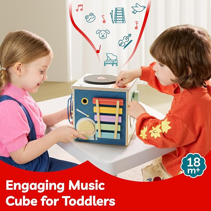 TOP BRIGHT Musical Activity Cube, Montessori Toys for 2 3 4 Year Old Toddlers, Baby DJ Table with Songs, Baby Activity Center with Bead Maze, First Birthday for Girls Boys 18 Months+