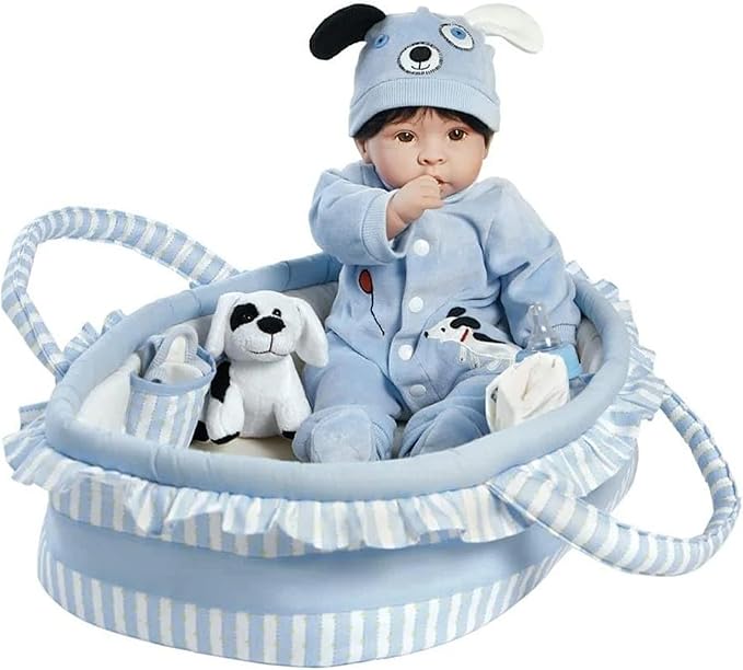 Paradise Galleries 17 Inch Realistic Reborn Baby Boy Doll with Plush Pup and Bassinet Gift Set for Kids and Adults – Finn & Sparky