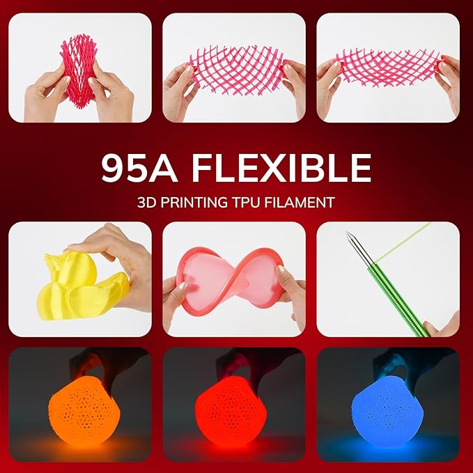 AMOLEN 95A TPU 3D Printer Filament, 1.75mm Glow in The Dark Red, Soft TPU Flexible 3D Printing Filament, High Hardness & Resilience, Best with UV Lamps, 1kg Spool(2.2lbs), Fit Most 3D Printers