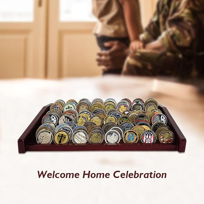 12 Rows Military Challenge Coin Holder Display Case Holds 90-100 Coins, Solid Wood Army Coin Rack Display Stand for Desktop, Mahogany