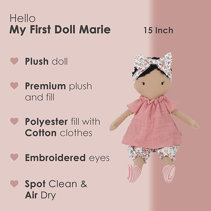 MON AMI My First Doll Marie - 15” Soft & Cuddly Baby Plush Stuffed Doll for Girls, Babies, Toddlers, Pre-School Kids