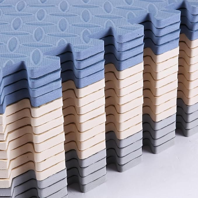 Play Mat for Babies, Solid Colored Foam Floor Mat, Non-Toxic Interlocking Puzzle Floor Mats, 0.4" Thick Square Kids Playmat丨47x47 Play Mat for Playpen (Beige/Gray/Gray Blue)
