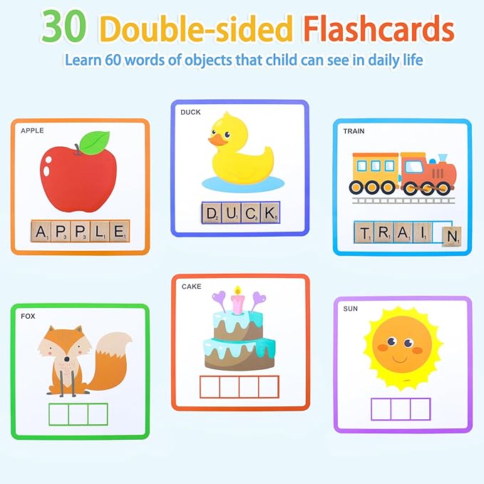 Spelling Games with 30 Double-Sided Flash Cards, 100Pcs Wooden Letters Sight Words Matching Game, Alphabet ABC Learning Educational Toys for Kids Ages 3-8