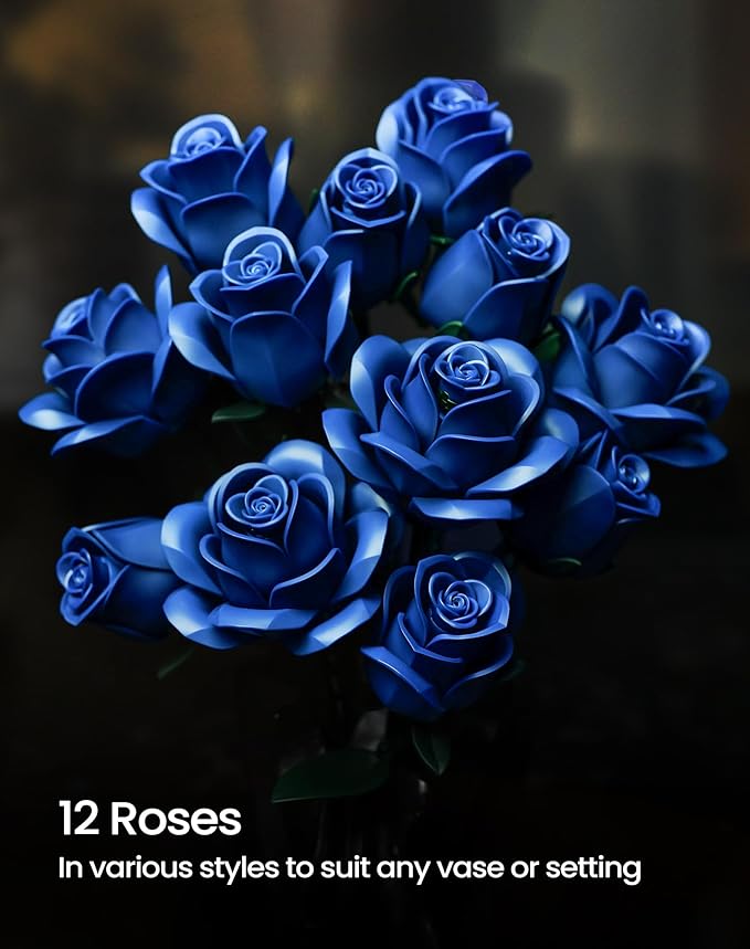 iATOM Blue Rose Bouquet Building Set, Artificial Flowers Botanical Collection for Adults - Gift for Halloween, Gothic Retro Home Office Table Centerpiece Decor - IA11007