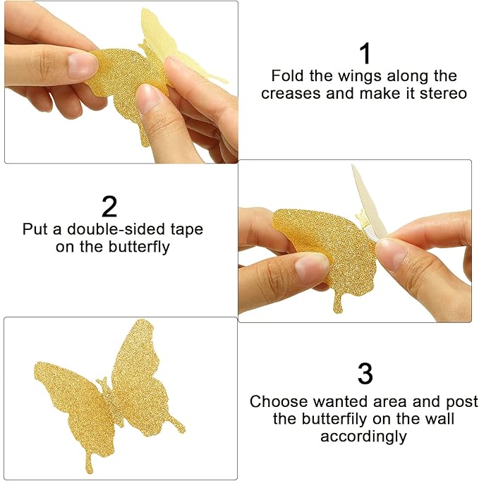 BBTO 48 Pieces Butterfly Wall Decor DIY Mirror 3D Butterfly Stickers Removable Decals for Home Bedroom School Bathroom Living Room Decor(Glitter Gold)