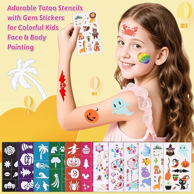 72PCS Face Painting Stencils Kit for Kids & Adults - Reusable Face Paint Templates with 10 Brushes, Makeup Sponge, Glitter Gems & Tattoo Stickers for Halloween, Christmas, Festival Party