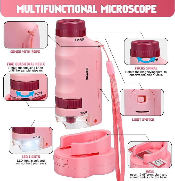 Portable Microscope for Kids Zoom 60x-180x,Handheld Mini Microscope STEM & Science Toys,LED Pocket Little Scientist Microscopes with 12pcs Slides,Gifts for 6,7,8,9,10+ Girls Boys（2PCS Pink）