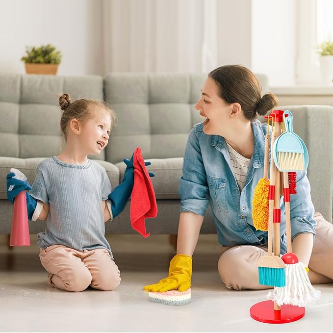 WHOHOLL Wooden Kids Cleaning Toy Set Toddler Broom and Dustpan Set for Housekeeping 9 Pcs Broom and Mop Set for Toddlers 3-5, Baby Cleaning Toys with Sponge, Birthday Gifts for Boys and Girls