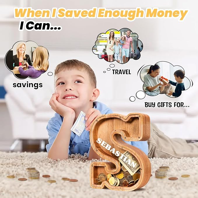 KMC Wooden Letter Piggy Bank, Personalized Initial Piggy Bank for Kids Boys, Clear Alphabet S Wood Money Box, Unbreakable Coin Saving Jar, Birthday, for Children