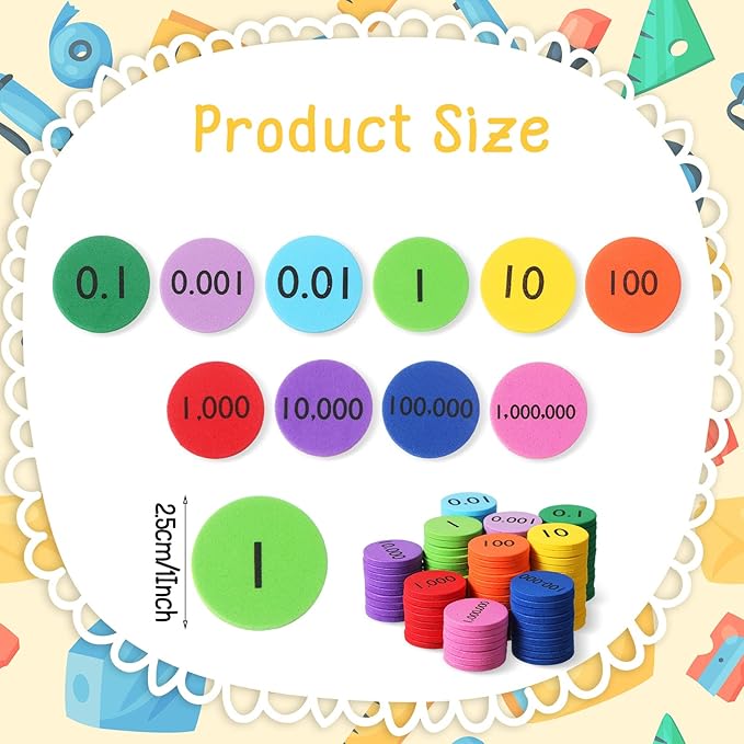Kingdder Place Value Disks 10 Decimals to Whole Numbers Counting Chips for Kids Base 10 Place Value Manipulatives Math Counters Discs Set for Elementary School Math Supplies(1000 Pcs)