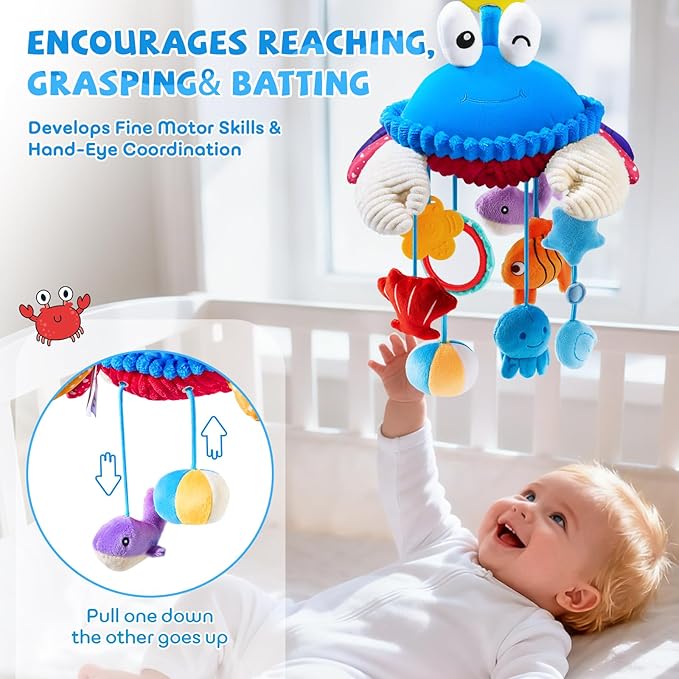 Car Seat Toys for Babies 0-6 Months, Hanging Baby Activity Toy for Stroller, Crib & Gym, Tummy Time Sensory Crab Plush Toys for Newborn, 0 3 6 9 12 M Clip-On Montessor Toy, Baby Boy Girl Gifts