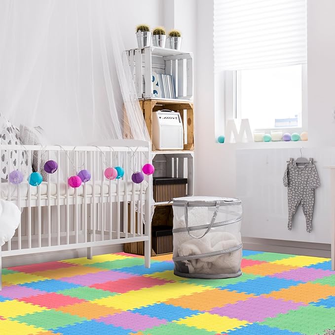 Shihanee 16 Pcs Foam Floor Baby Tiles 11.81 x 11.81 inches Foam Floor Mats Play Mats Bulk with Borders Interlocking for Kids Baby Playroom Nursery Gym（Colorful）