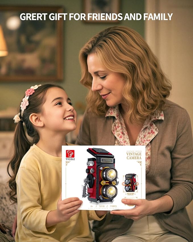 Retro Camera Building Blocks Sets with Lights, DIY Camera Building Toys with Twin-Lens Reflex Design, Unique Collectible Model for Home Decor, Birthday Gift for Adults Boys Age 8-12(719Pcs)