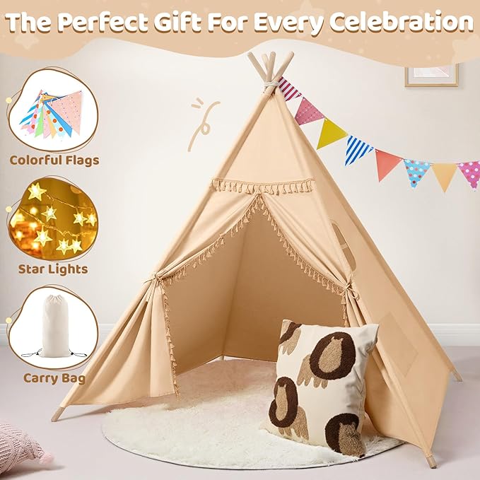 Sumbababy Teepee Tent for Kids Indoor – Cotton Canvas Play Tent with Tassel Trim, Foldable Toddlers Tent for Boys, Ideal Gift with Star Lights, Banner & Carry Bag (Khaki)