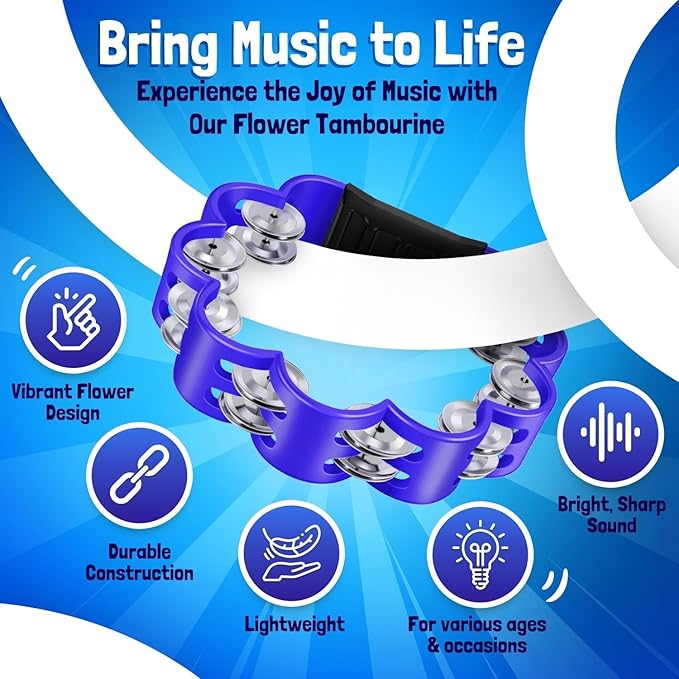 Flexzion Flower Tambourine - 8 Inch Handheld Percussion Instrument w/Metal Jingles & Ergonomic Grip - Small Tambourines for Adults, Kids, Church, Parties, & Musical Events (Blue)