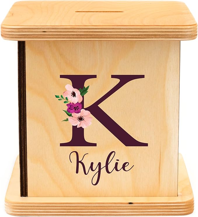 Wooden Piggy Bank for Kids and Adults, Personalized Gift Handmade in USA by BloomOwl, Custom Piggy Bank, Personalized Banks for Kids, Gifts for Baby Boys and Girls (Plum Floral)