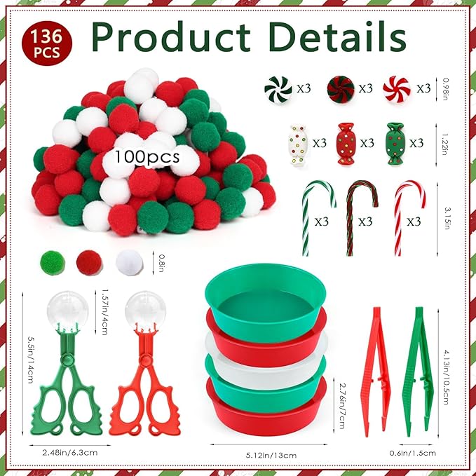 136 Pcs Christmas Sensory Bin Items Candy Cane Counting Sorting Sensory Bin Filler Fine Motor Toys Candy Cane Counts for Kids Xmas Counting Toys for Preschool Education Activities