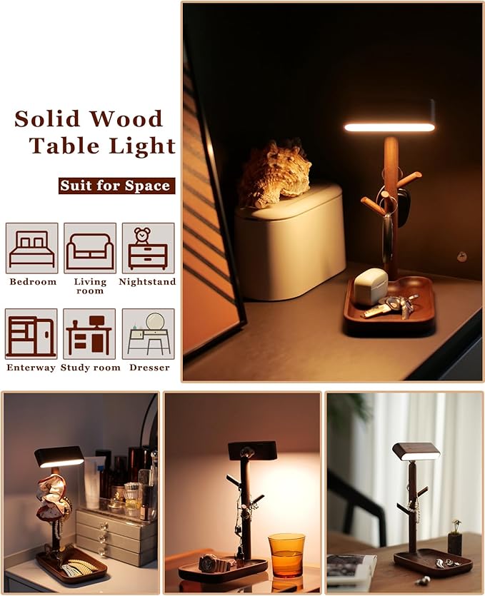 Wooden Table Lamp Tree Trunk Wood Column Rechargeable Led Desk Lamps Magnetic 360°Rotate Battery Powered Wall Night Lights for Bedside Living Edge Table (Black Walnut)