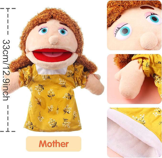 1 Pcs Family Hand Puppets 12 Inch Grandparents, Mom & Dad, Brother & Sister Plush Hand Puppet Toys Role-Play Toy Puppets for Kids Storytelling Imaginative Pretend Play Teaching Preschool(Mom)