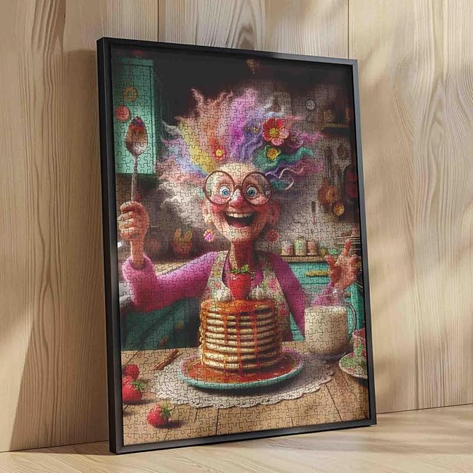 Funny Grandma Pancake Jigsaw Puzzles 1000 Pieces Rainbow Hair Elderly Lady Art Jigsaw Puzzles for Challenging Family Games Kitchen DIY Handwork Puzzle for Home Wall Decor Gifts 20x27 Inches