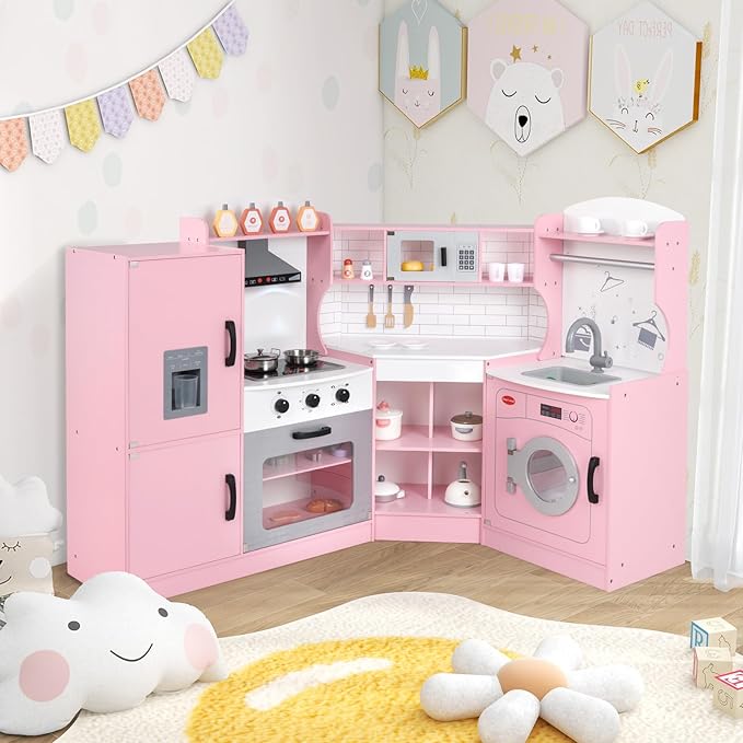 Costzon Corner Kids Kitchen Playset, Wooden Play Kitchen w/Sounds & Lights, Washing Machine, Range Hood, Ice Maker, Microwave, Oven, Sink, Pretend Toy Kitchen Set for Toddler, Gift for Boys Girls