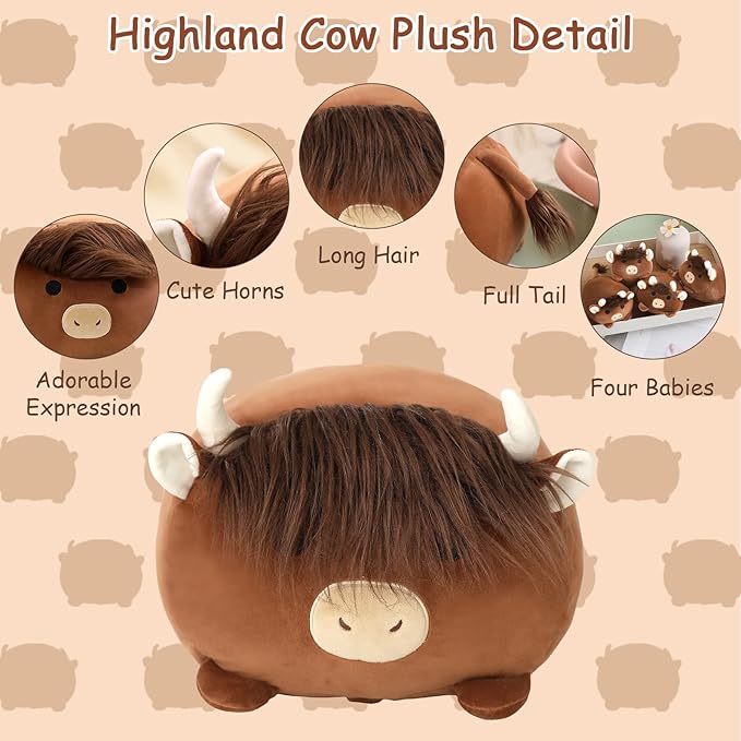 SQEQE Highland Cows Stuffed Animals 5 in 1, Cute Fluffy Cow Plush with 4 Babies in Tummy, Soft Highland Cattle Kid Bedtime for Christmas Valentine's Birthday Gifts, Plushies Decor for Boys Girls