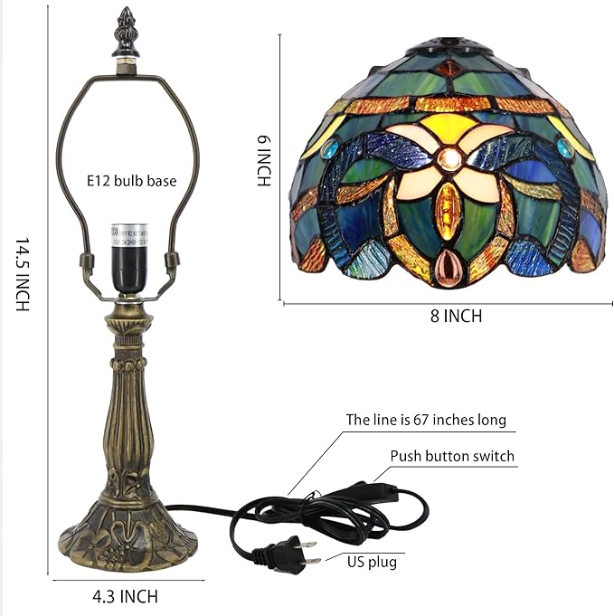 Small Tiffany Lamp Mini Accent Table Lamp Stained Glass Desk Memory Lamp Sympathy 8X14.5 Inch (Blue Baroque Style)
