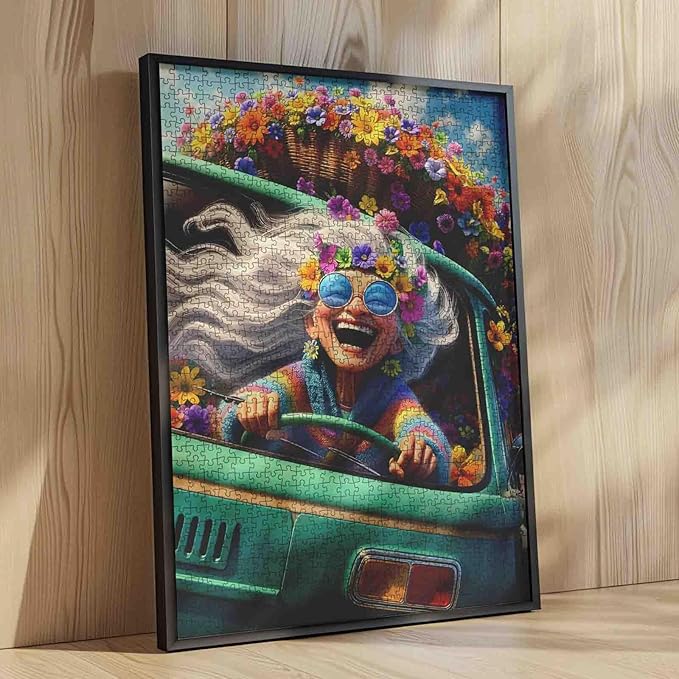Colorful Hippie Van Road Trip Jigsaw Puzzle for Adults Students 1000 Pieces Fun Floral Retro Style Puzzle for Stress Relief 20×27 Inches Bright Vintage Camper Puzzles for Home Decor Unique Gift Idea