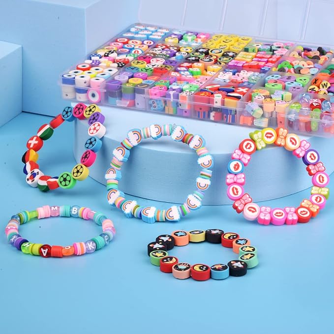 BBita 1000PCS Polymer Clay Beads Bracelet Making kit, 24 Style Cute Fun Beads Flower Animal Rainbow Eye Charms for Jewelry Necklace Earring Making DIY Accessories for Women Girls