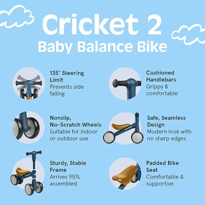 Retrospec Cricket 2 Baby Walker Balance Bike with 4 Wheels - Safe Learning Toy for Ages 12-24 Months - Scratch-Resistant Indoor Outdoor Toddler Riding Toy with Steering Limit & Soft Grips