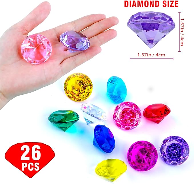 Niceup 26PCS Purple Fake Diamonds Big Gem Toys, 1.5in Pool Diving Gems Acrylic Plastic Gemstones for Kids, Party Décor Jewels Treasure Hunt Hiding Sensory Bin Filler Toys Craft Supplies