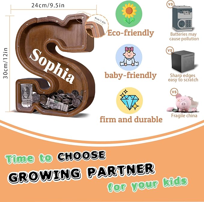 Wooden Letter Piggy Bank for Kids Larger Letter Piggy Bank for Boys and Girls Personalized Piggy Bank Initial Coin Bank Wood Kids Money Bank for Birthday and Festival