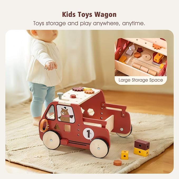 3-in-1 Wooden Baby Walker Adjustable Height with Tool Bench and Toy Storage Wagon - Multifunctional Toddler Push Walker Ergonomically Designed for Natural Walking - 3+ Years of Continuous Use