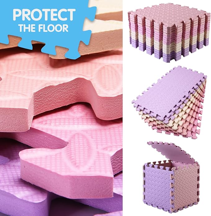 16-Tile Soft & Safe EVA Foam Play Mat for Baby - Square, Solid Colored Kids Puzzle Floor Mat, 47x47 - Purple/Pink/Loli Pink/Beige