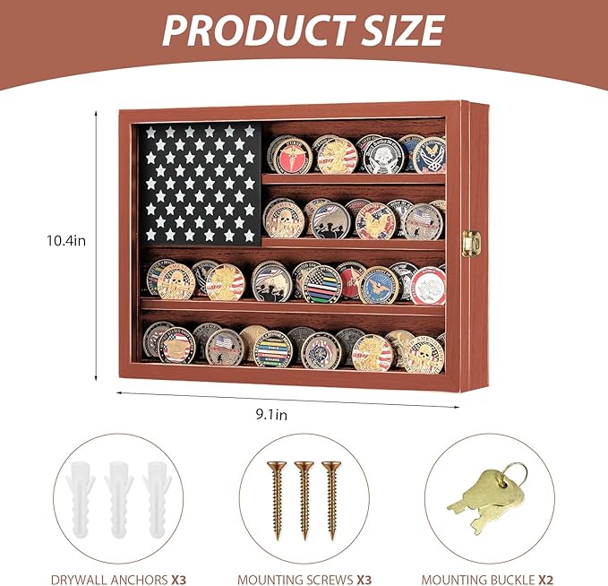 Challenge Coin Display Case, Lockable Solid Wood Military Coin Holder Cabinet with Star Flag Board and Anti-Fade Acrylic Front, Wall Mounted 4-Tier Coin Collection Shadow Box Rack (Brown)