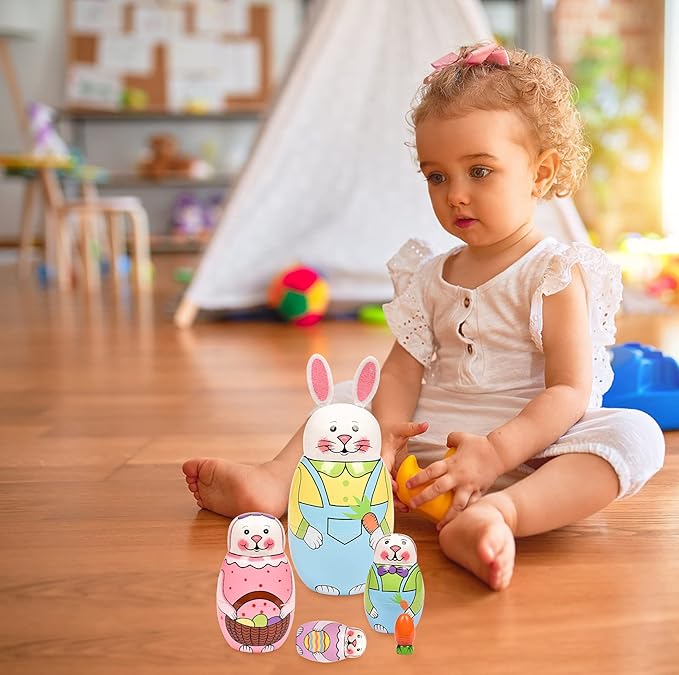 Russian Nesting Dolls, Stacking Wooden Handmade Matryoshka Dolls, 5 Pcs 6 ''Tall Animal Nesting Easter Eggs Toys for Kids Toddlers Birthday or Home Decoration Gift (Rabbit)