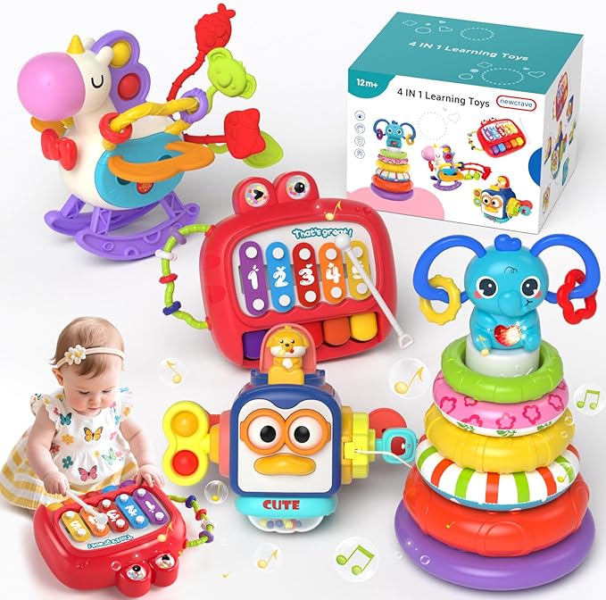 4 in 1 Baby Toys for 6-12 Months, Infant Sensory & Stacking for 1 Year Old, Dinosaur Busy Cube Toys for Babies 6-9-12 Months, Piano Xylophone Musical Travel Toy, Christmas Birthday Gifts for Toddler