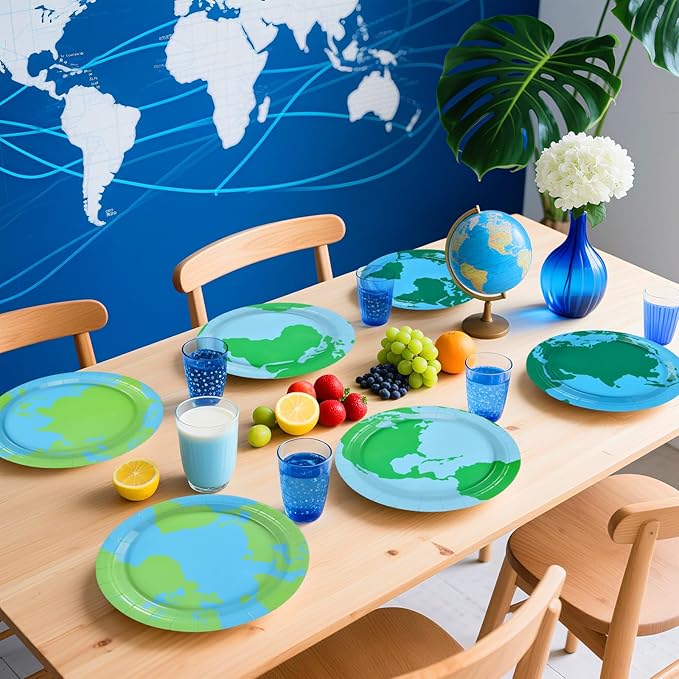 Grencian 60Pcs Earth Day Paper Plates 9" Large Disposable Heavy Duty Navy Globe Map Platter Blue Green Around the World Dessert Plate for Kids Birthday Travel Home Party Decoration