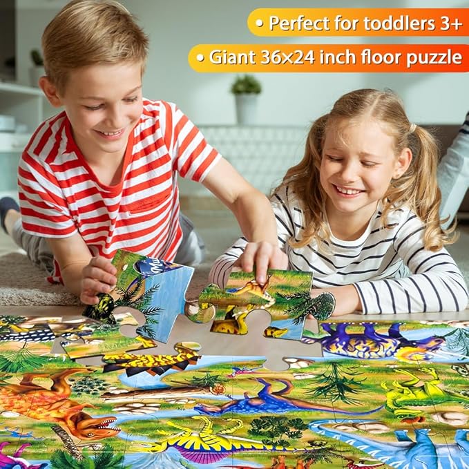Dinosaur Floor Puzzle for Kids Ages 3-6, Jumbo 24-Piece Large Jigsaw Puzzle, Educational Preschool Toy for Boys and Girls, STEM Learning Gift for Toddlers