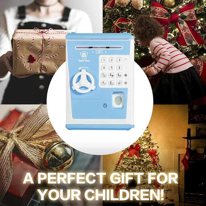 Toy Safe Box, Electronic ATM Piggy Bank, Money Coin Savings Bank, Finger Print Scanner Lock, Great Gift for Children Kids (Blue/White)
