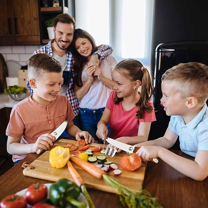 Kids Knife Set for Real Cooking with Sharped Blade for Children, Finger Guard & Educational Ring for Cutting Trainning, Rosewood Handle & Stainless Steel Blade Sharped Edge